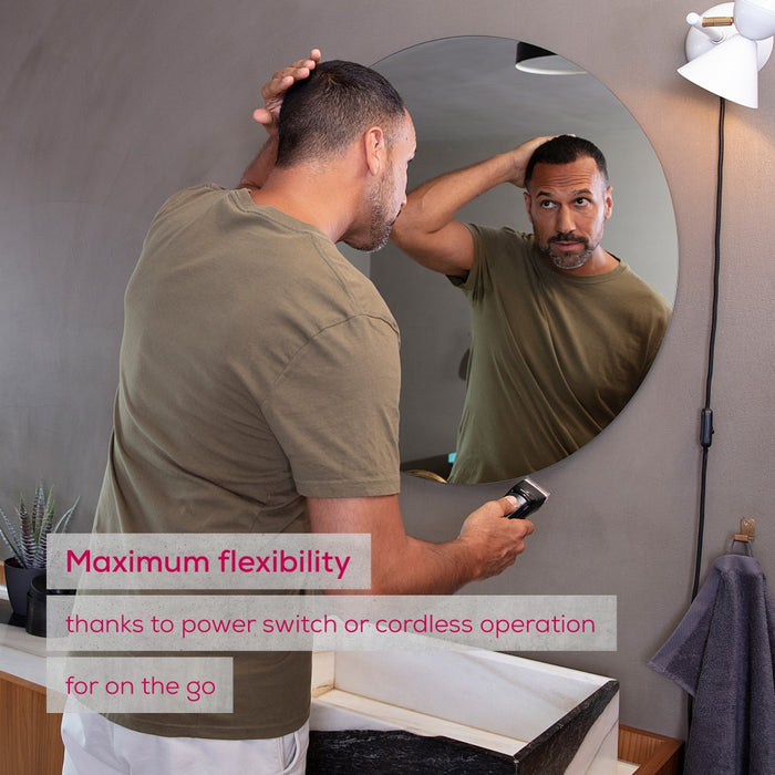 Beurer MN5X hair clipper, 7 Attachments, 6 adjustable cutting lengths and 4-stage fine adjustment, LED display with battery display, Battery and mains operation, travel lock display and charge display, storage bag