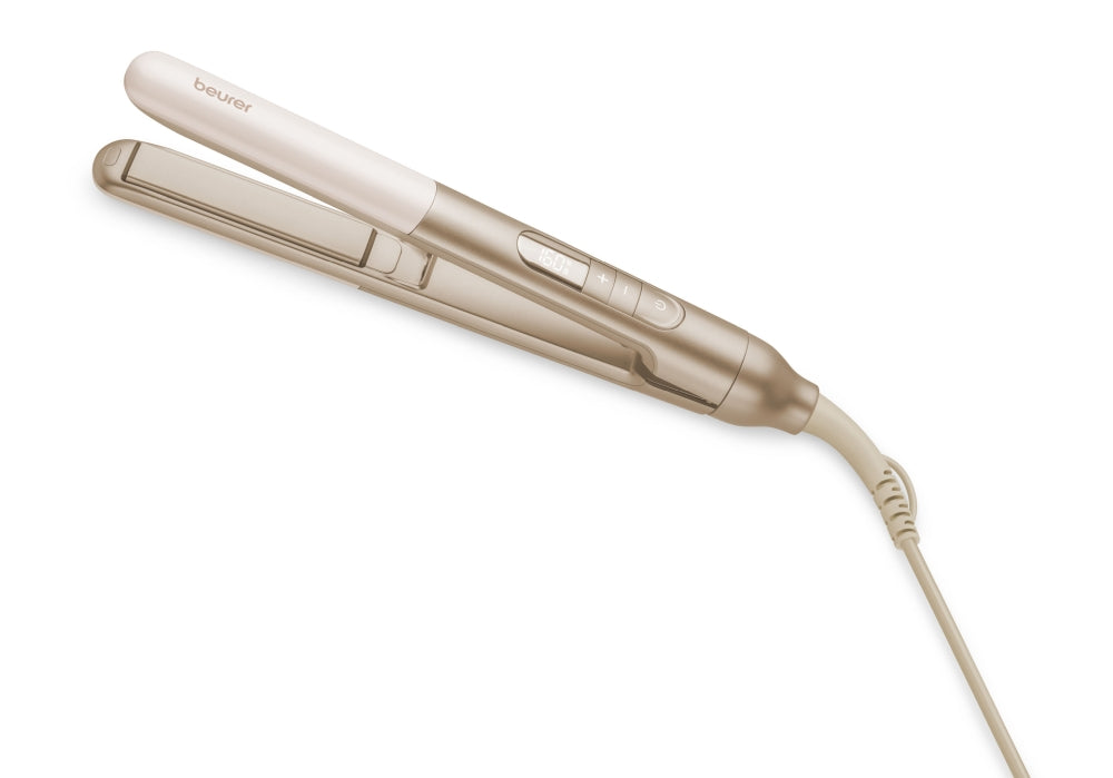 Beurer HS 70 Hair straightener, Ceramic-coated heating plates, Rounded housing, Ion function, Multi-stage temperature setting from 100°C - 220 °C, Automatic switch-off after 30 minutes, Button lock, heat-resistant storage bag