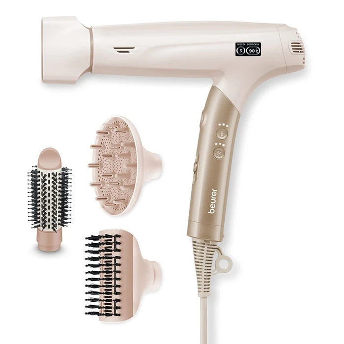 Beurer HC 150 FusionDry Pro Hair dryer - Powerful, brushless motor, Ergonomic folding handle, Ion function, 3 heat & blower settings, cold air, Extra quiet, EasyClick - Magnetic attachments, LCD display, Bag