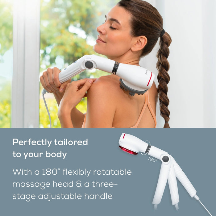 Beurer MG 44 infrared massager; Soothing vibration massage; Rotating massage head and 3-way adjustable handle; Infrared heat; 3 function levels; 4 interchangeable massage attachments