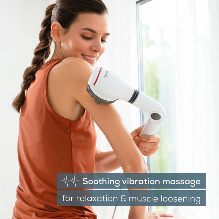 Beurer MG 44 infrared massager; Soothing vibration massage; Rotating massage head and 3-way adjustable handle; Infrared heat; 3 function levels; 4 interchangeable massage attachments