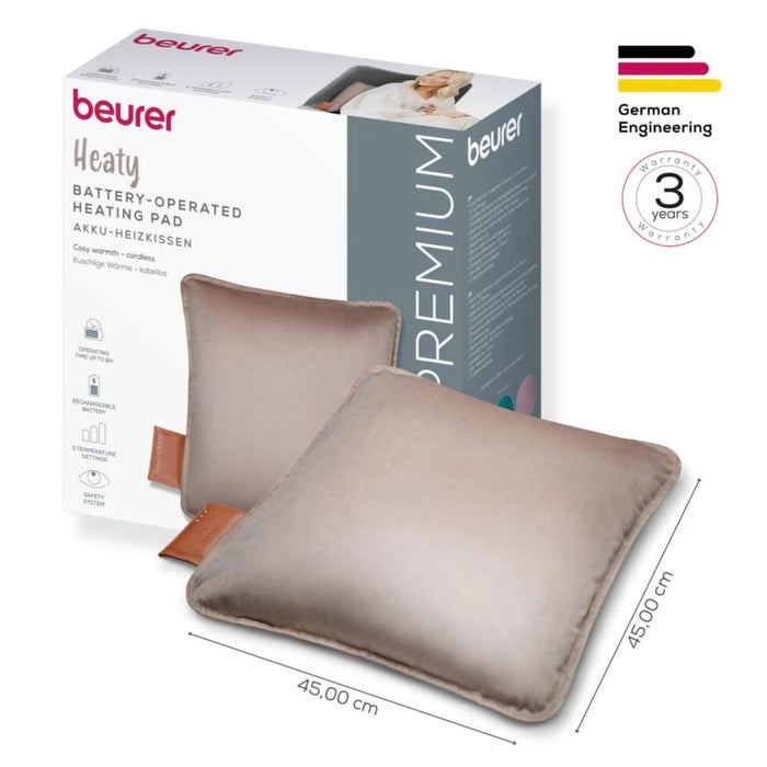 Beurer HK 77 Heaty smokey-taupe;lithium-ion battery; Soft velvet cushion cover machine-washable at 30°C; 3 temperature settings; Fast heating; BSS; 45(L)x45(W) cm
