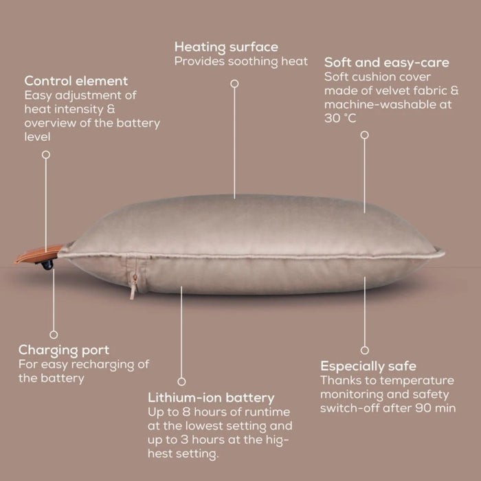Beurer HK 77 Heaty smokey-taupe;lithium-ion battery; Soft velvet cushion cover machine-washable at 30°C; 3 temperature settings; Fast heating; BSS; 45(L)x45(W) cm