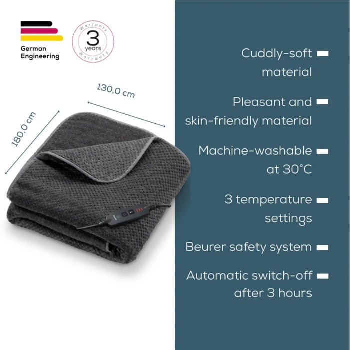Beurer HD 65 Dark Grey Heated Overblanket; Soft and cuddly surface; 3 temperature;auto switch-off 3 hours; removable switch; washable at 30°, Oko-Tex 100; 180(L)x130(W)cm