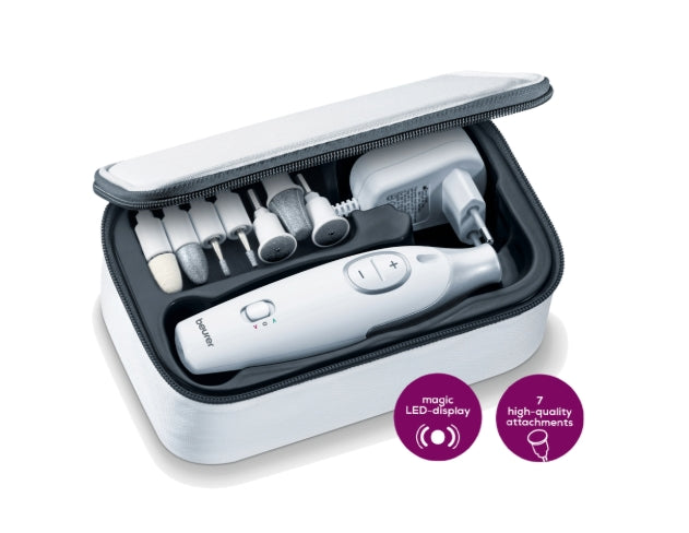 Beurer MP 42 Manicure / pedicure set; 7 attachments; adjustable speed; left/right rotation; LED light; storage case