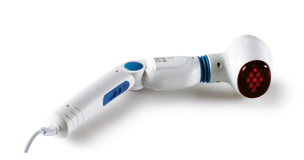 Beurer MG 40 infrared massager; Soothing vibration massage; Rotating massage head and 3-way adjustable handle; Infrared heat; 3 function levels; 4 interchangeable massage attachments