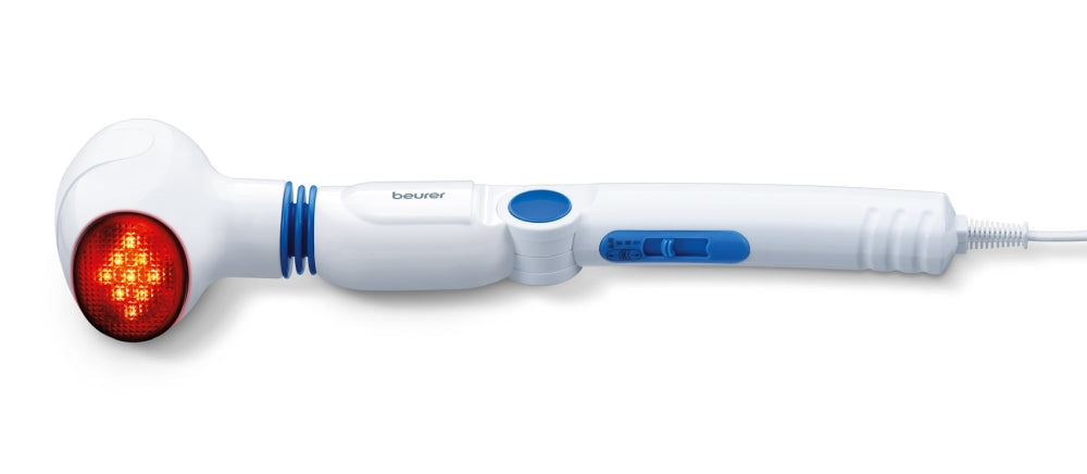 Beurer MG 40 infrared massager; Soothing vibration massage; Rotating massage head and 3-way adjustable handle; Infrared heat; 3 function levels; 4 interchangeable massage attachments