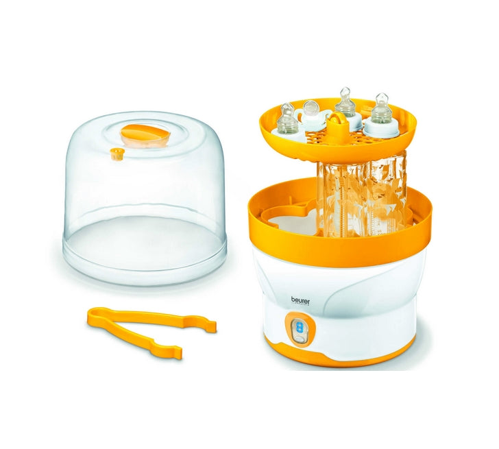 Beurer BY 76 steam steriliser; Disinfects up to 6 bottles and accessories in 7 minutes; LED display, tongs, removable bottle grid,measuring jug