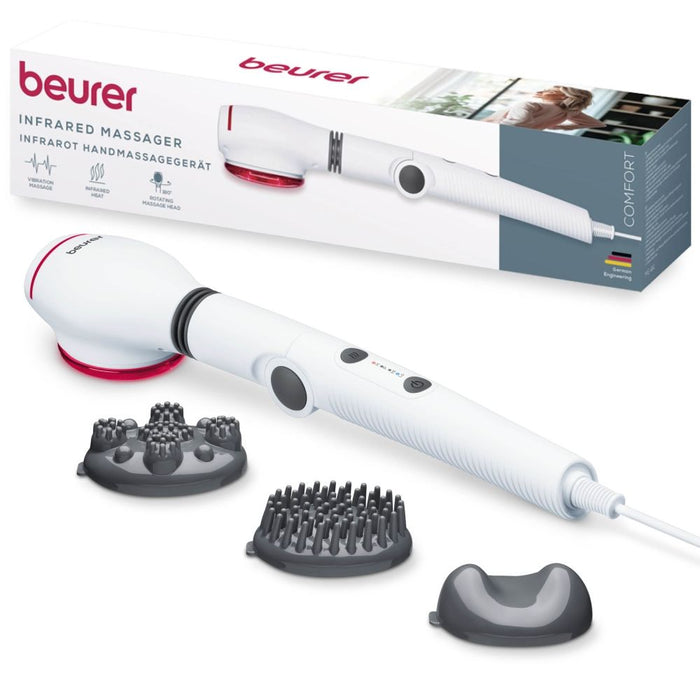 Beurer MG 44 infrared massager; Soothing vibration massage; Rotating massage head and 3-way adjustable handle; Infrared heat; 3 function levels; 4 interchangeable massage attachments