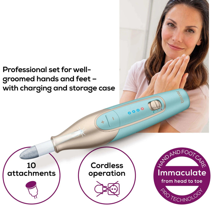 Beurer MP 84 Premium Manicure/pedicure set, 10 attachments, 3 speed levels, Ergonomic design and bright LED light, Lithium ion battery, with practical charging and storage case