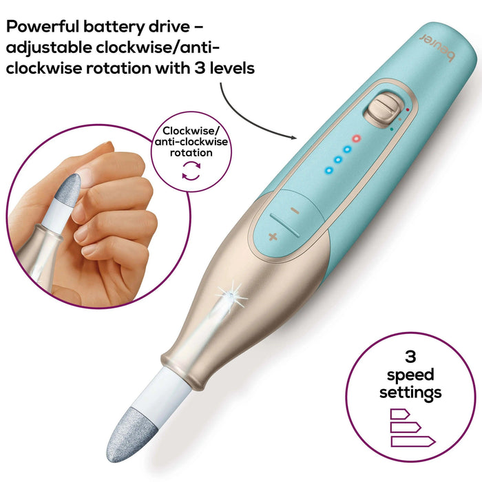Beurer MP 84 Premium Manicure/pedicure set, 10 attachments, 3 speed levels, Ergonomic design and bright LED light, Lithium ion battery, with practical charging and storage case