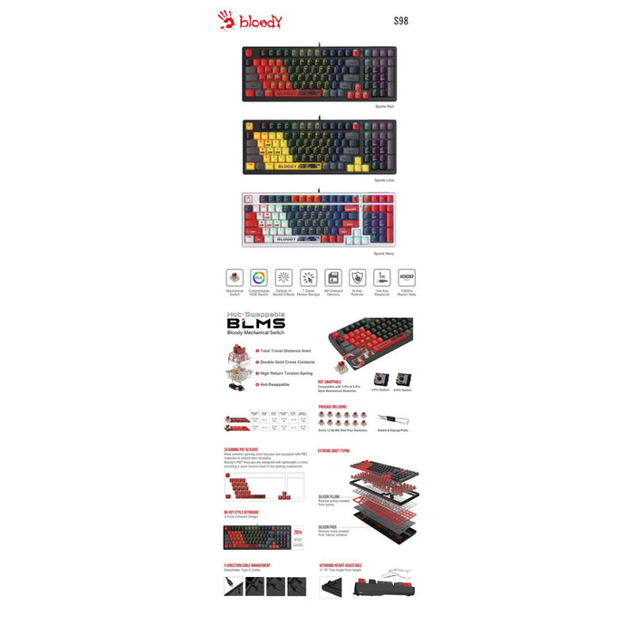 A4tech Gaming mechanical keyboard Bloody Sports Navy S98 BLMS RGB Backlit red switch, USB