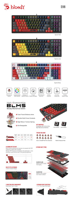 A4tech Gaming mechanical keyboard Bloody Sports Navy S98 BLMS RGB Backlit red switch, USB
