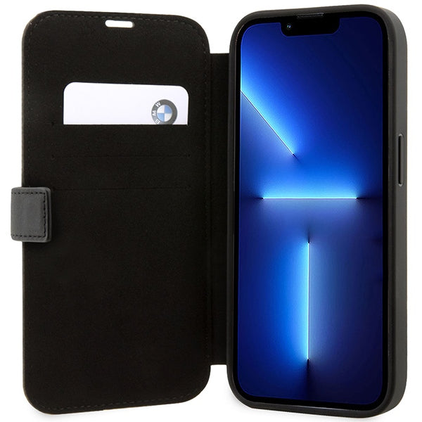 Case BMW BMBKP14L22RVSK iPhone 14 Pro 6.1" black/black bookcase Leather Stamp Blue Lines