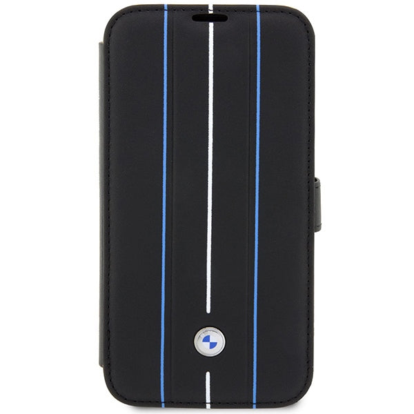 Case BMW BMBKP14X22RVSK iPhone 14 Pro Max 6.7" black/black bookcase Leather Stamp Blue Lines