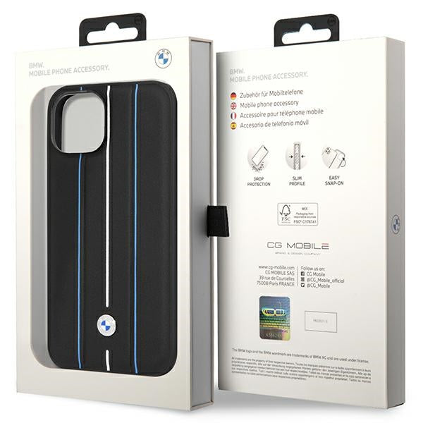 Case BMW BMHCP14S22RVSK iPhone 14 6.1" black/black hardcase Leather Stamp Blue Lines