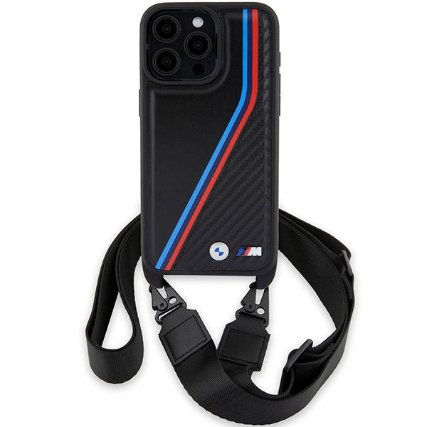 BMW M Edition Carbon Tricolor Lines &amp; Strap case for iPhone 15 Pro - black