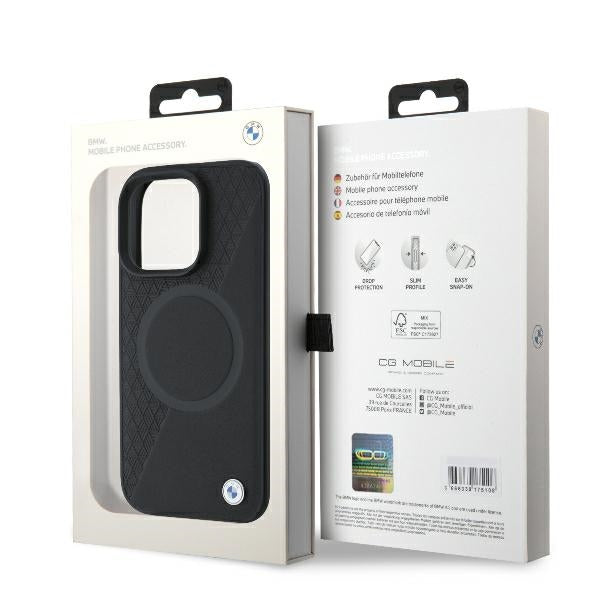 BMW Signature Leather Half Textured &amp; Circle MagSafe case for iPhone 16 Pro - black