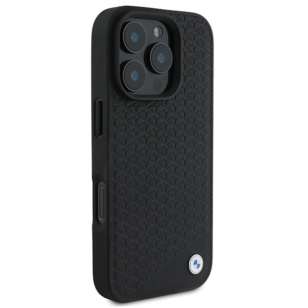 BMW Signature Leather Diamond Metal Logo MagSafe Case for iPhone 16 Pro Max - Black