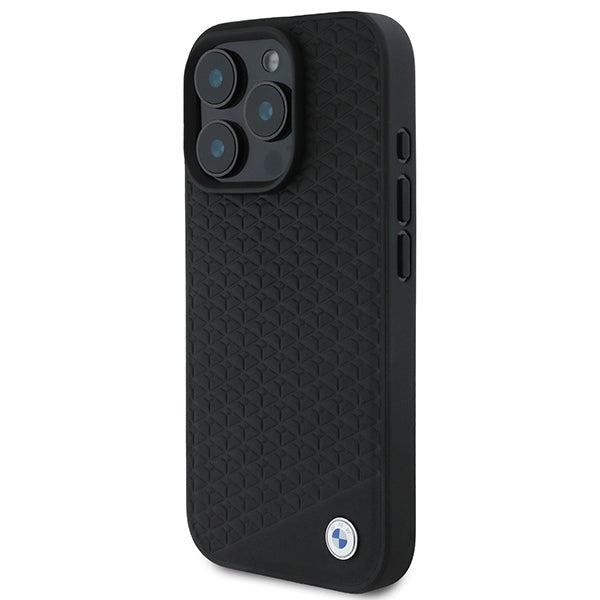 BMW Signature Leather Diamond Metal Logo MagSafe Case for iPhone 16 Pro Max - Black
