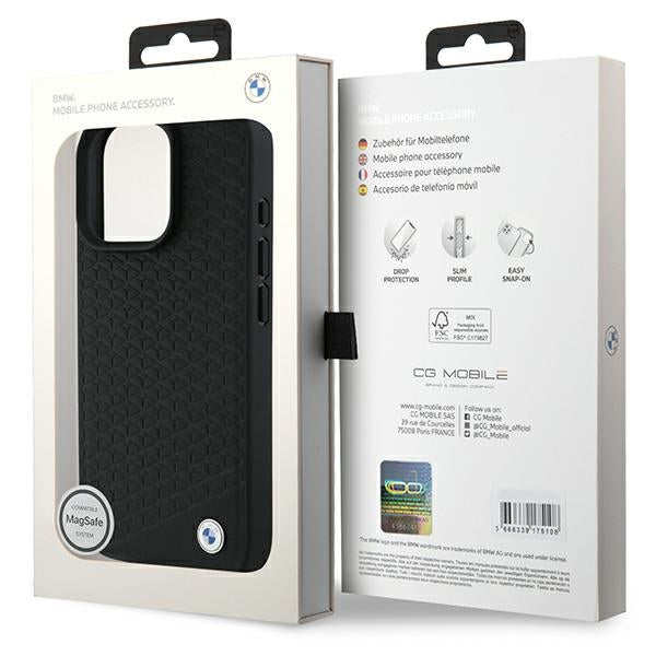 BMW Signature Leather Diamond Metal Logo MagSafe Case for iPhone 16 Pro Max - Black