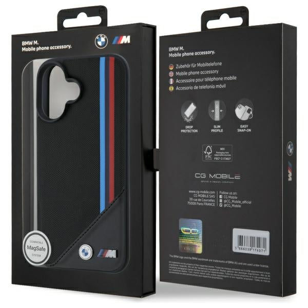 BMW M Meshed Tricolor Stripes MagSafe case for iPhone 16 - black
