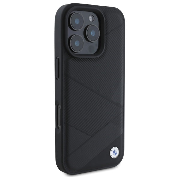 BMW Sign Leather Crossing Lines Pattern iPhone 16 Pro Max Case - Black
