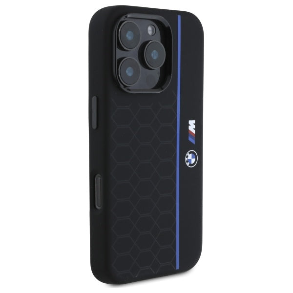 BMW Silicone Hexagon Blue Line MagSafe iPhone 16 Pro Case - Black