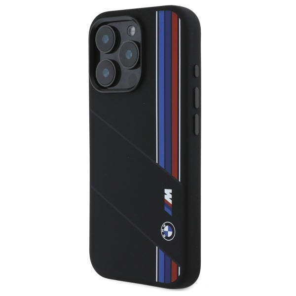 BMW Silicone Cut Tricolor Lines MagSafe Case for iPhone 16 Pro Max - Black