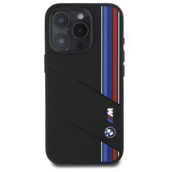 BMW Silicone Cut Tricolor Lines MagSafe Case for iPhone 16 Pro Max - Black