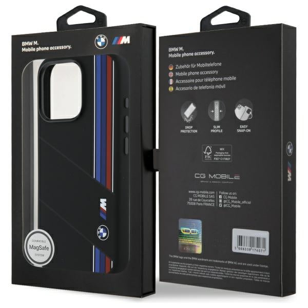 BMW Silicone Cut Tricolor Lines MagSafe Case for iPhone 16 Pro Max - Black