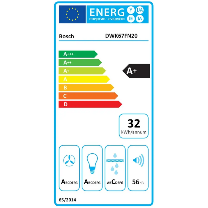 Bosch DWK67FN20 SER4 Wall hood 60 cm A+ EcoSilence Drive Alexa voice control transparent glass white print max 431 m3/h