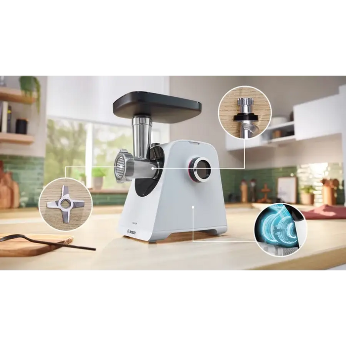 Bosch MFWS420W Meat mincer - MultiPower 1900 W Planetary gearbox 2,5 kg/min kebbe attachment sausage attachment reverse
