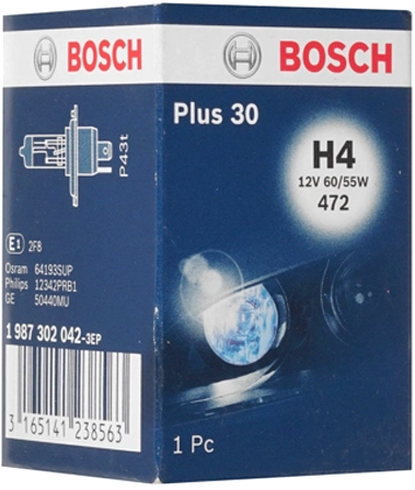 BOSCH PLUS 30% H4 3200K 55W/60W 12V CARTON BOX 1 PCS