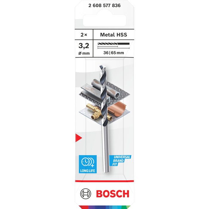 METAL DRILL BIT 2 PIECES BOSCH HSS 3.2x36x65
