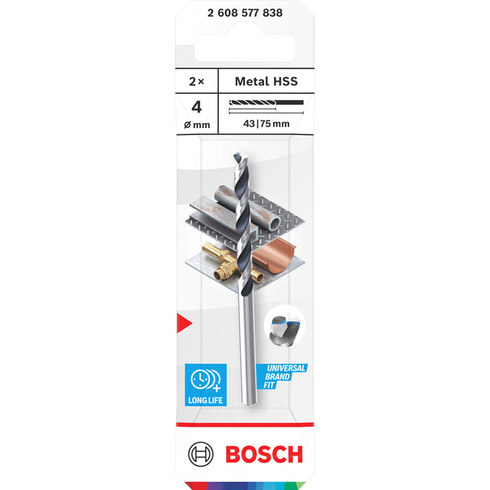 METAL DRILL BIT 2 PIECES BOSCH HSS 4x43x75