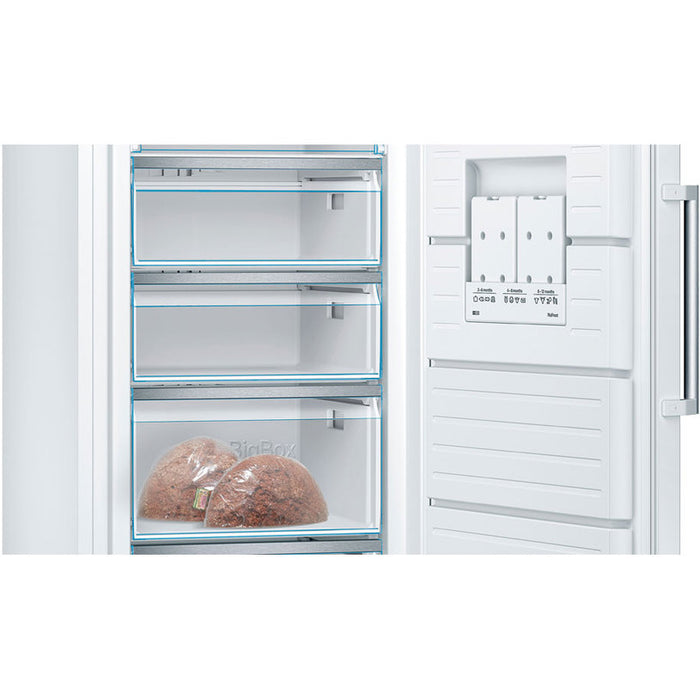 Bosch GSN58AWEV SER6 FS upright freezer, NoFrost, D, 191/70/65cm, 366l, 39dB(C), IC, 5 drawers (1 BigBox), 3 shelfs, handle, white