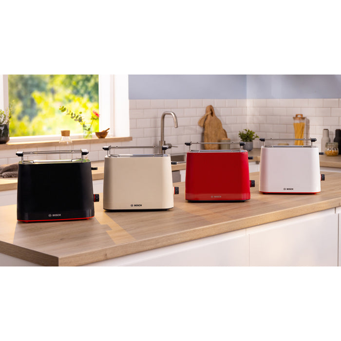 Bosch TAT3M124, MyMoment Compact toaster, 950 W, Auto power off, Defrost and reheat setting, Removable and foldable bun attachment, High lift, Deep Red