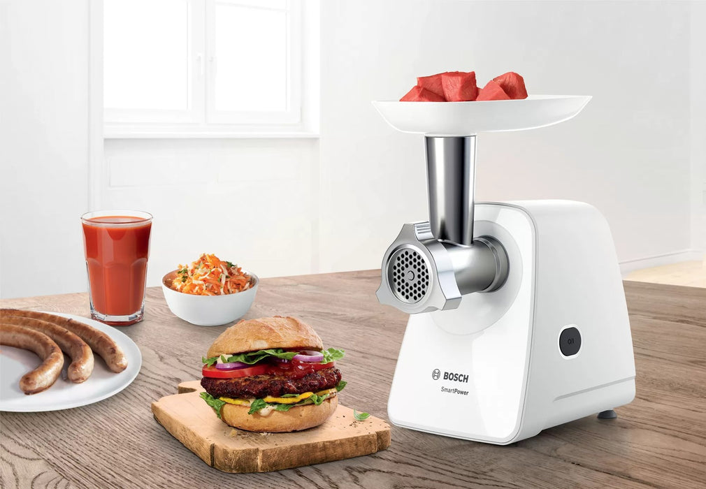 Bosch MFW2520W, Meat mincer, SmartPower Meat mincer from SmartPower range: 1500W, 1,7 kg/min, 2 sieves, 1 sausage horn, kebbe attachment, no reverse, white