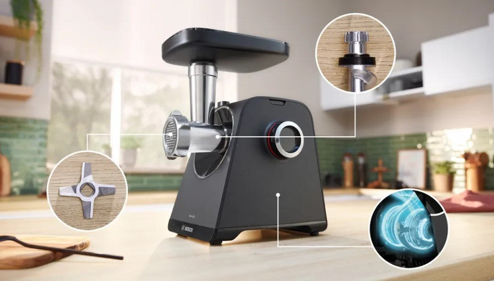 Bosch MFWS440B, Meat mincer - MultiPower 1900 W, Planetary gearbox, 2,5 kg/min, kebbe attachment, sausage attachment, reverse function, Black
