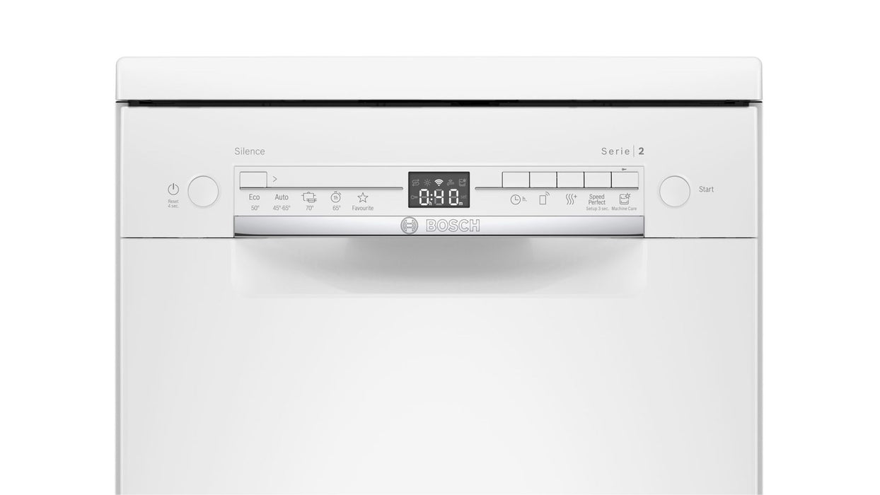 Bosch SPS2IKW10E, SER2, Free-standing dishwasher 45cm, F, 9,5l, 9ps, 5p/4o, 48dB(C), display, Start delay 24h continuous, white, HC