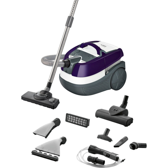 Bosch BWD41740, 3in1 vacuum cleaner for dry and wet cleaning, 2,5 lt dust container, 1700 W, EPA 10 primary filter, 9 m radius, liquid pick-up nozzles, water tank: 5 l, aubergine-white-grey