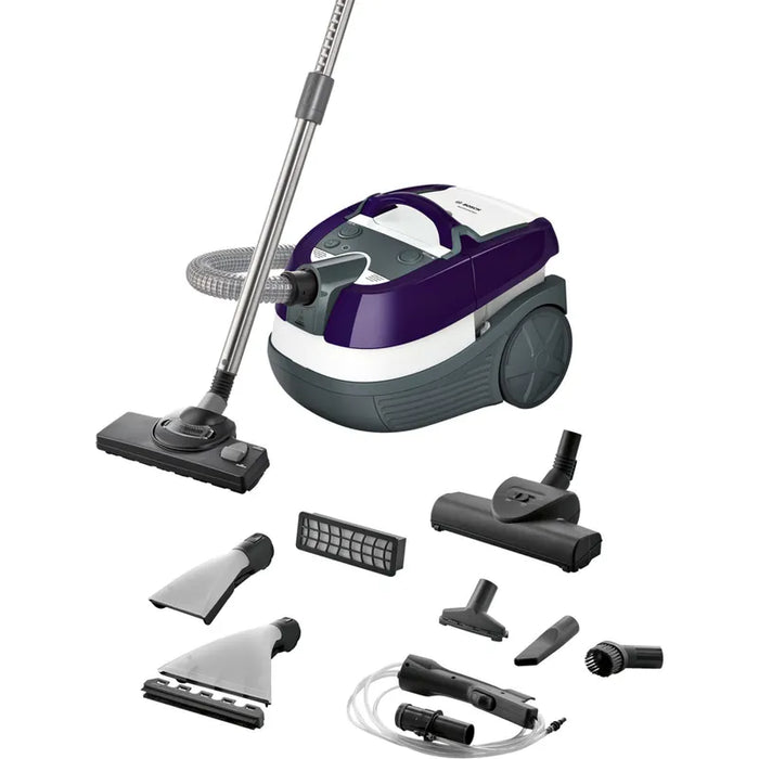 Bosch BWD41740, 3in1 vacuum cleaner for dry and wet cleaning, 2,5 lt dust container, 1700 W, EPA 10 primary filter, 9 m radius, liquid pick-up nozzles, water tank: 5 l, aubergine-white-grey