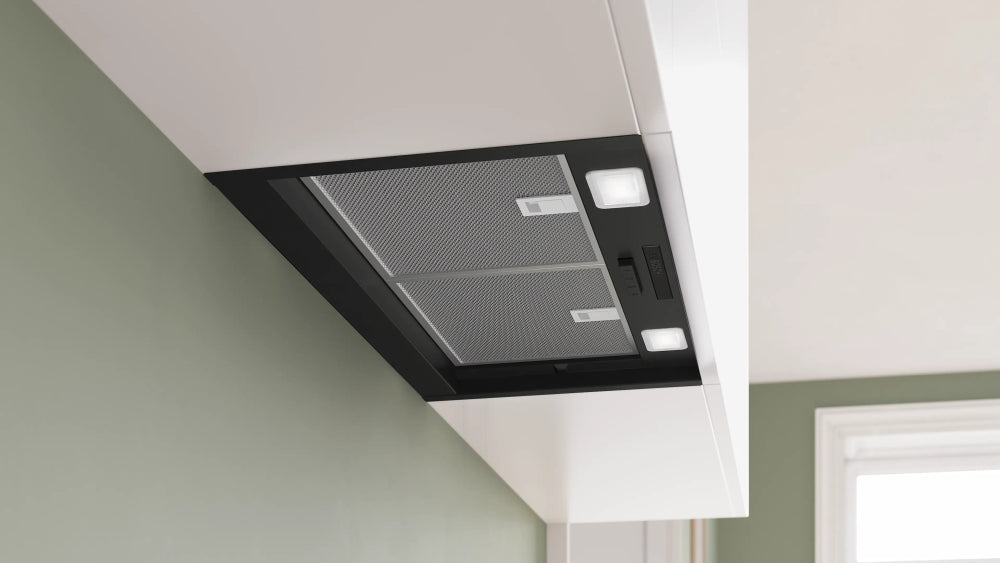 Bosch DBB63BC60, SER2, Integrated box hood 60cm D, max 384m3/h, 65dB, 3 speeds, CoP E, Grease eff. 89,3%(B), Push button control, Matt black