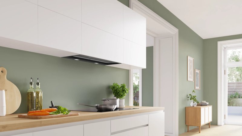 Bosch DBB87DP60, SER6, Integrated box hood 80cm A+, EcoSilenceDrive, max 433(699)m3/h, 57(68)dB, 3+1 speeds, CoP A, Grease eff. 85,3%(B), Glass touch control, HC, Color temp. adjust, Matt black