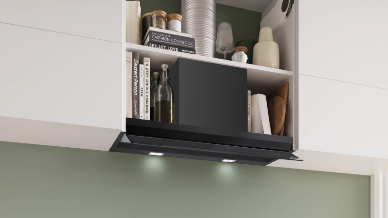 Bosch DBB87DP60, SER6, Integrated box hood 80cm A+, EcoSilenceDrive, max 433(699)m3/h, 57(68)dB, 3+1 speeds, CoP A, Grease eff. 85,3%(B), Glass touch control, HC, Color temp. adjust, Matt black
