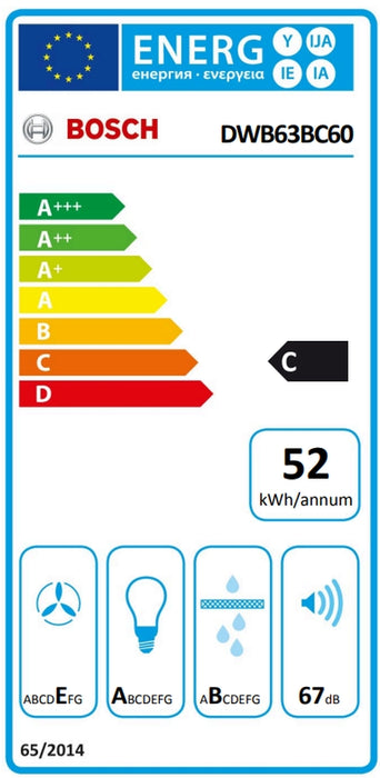 Bosch DWB63BC60, SER2, Chimney hood 60cm C, max 400m3/h, 67dB, 3 speeds, Push buttons, CoP E, Box design, Grease eff. 85,4%, Matt black