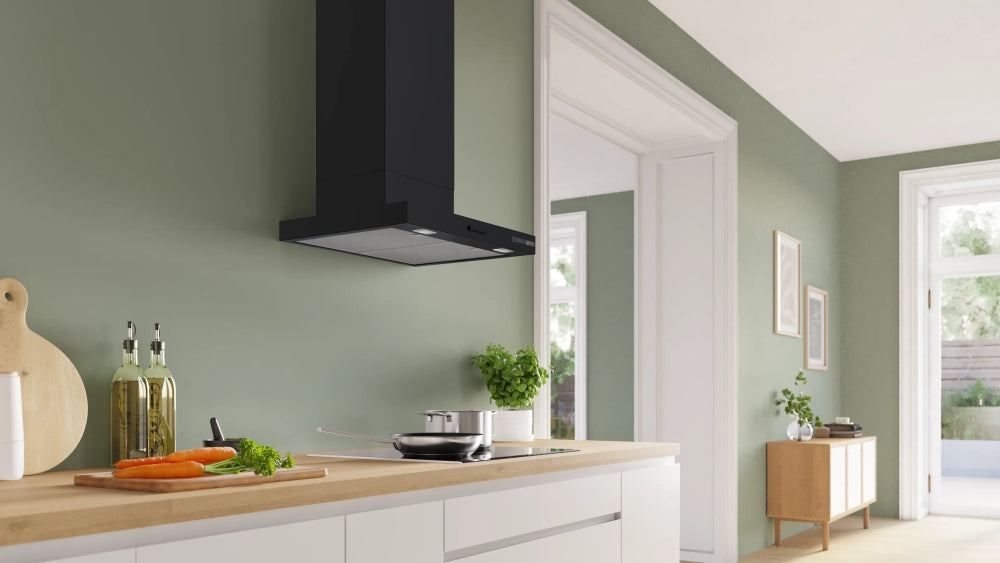 Bosch DWB63BC60, SER2, Chimney hood 60cm C, max 400m3/h, 67dB, 3 speeds, Push buttons, CoP E, Box design, Grease eff. 85,4%, Matt black