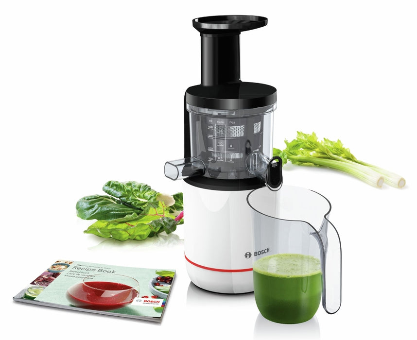 Bosch MESM500W, Slow juicer VitaExtract 150 W, 55 rpm, 1 speed + reverse function, tritan screw, MixControl lever, juice container 1 l, pulp container 1,3l, 2 filters (fine, coarse), white / black