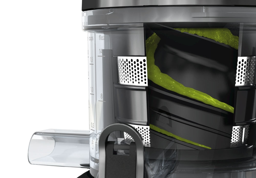 Bosch MESM500W, Slow juicer VitaExtract 150 W, 55 rpm, 1 speed + reverse function, tritan screw, MixControl lever, juice container 1 l, pulp container 1,3l, 2 filters (fine, coarse), white / black